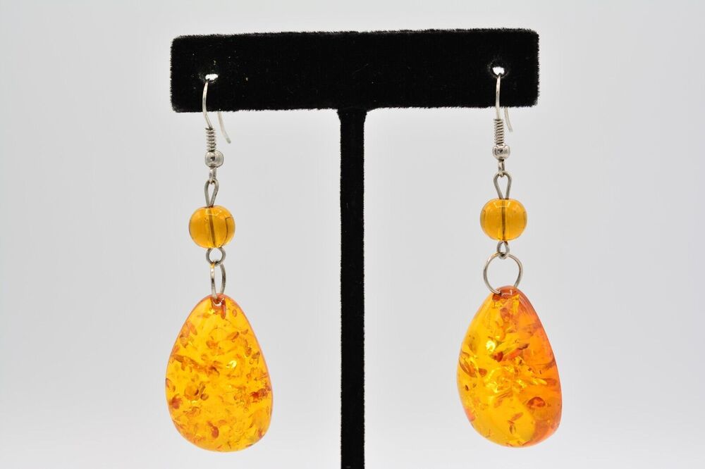 Vintage Lucite Dangle Earrings Orange Speckled Fire Resin Chunky 1990s BinAF